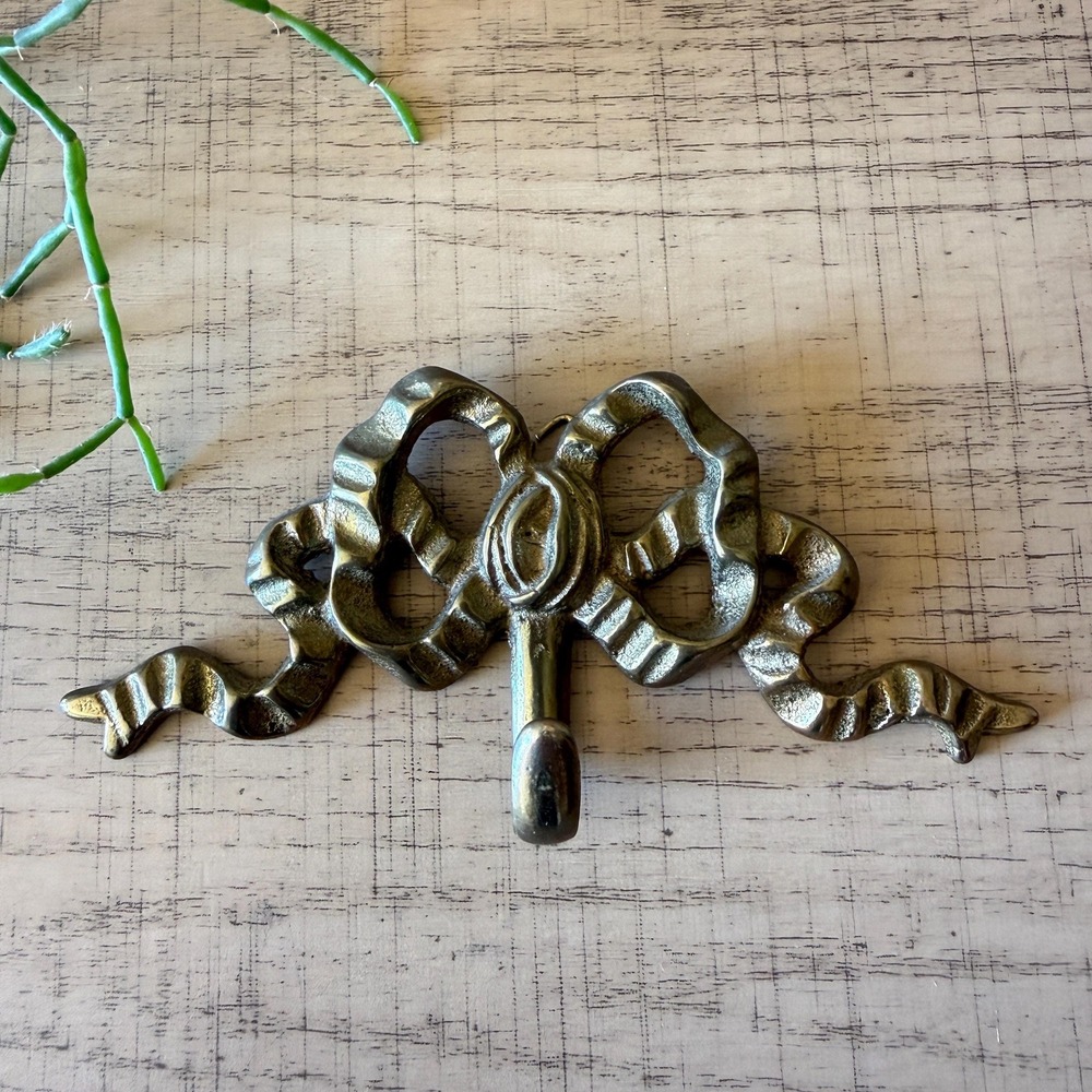 Vintage Small Brass Coquette Dainty Style Ribbon Bow Wall Hook